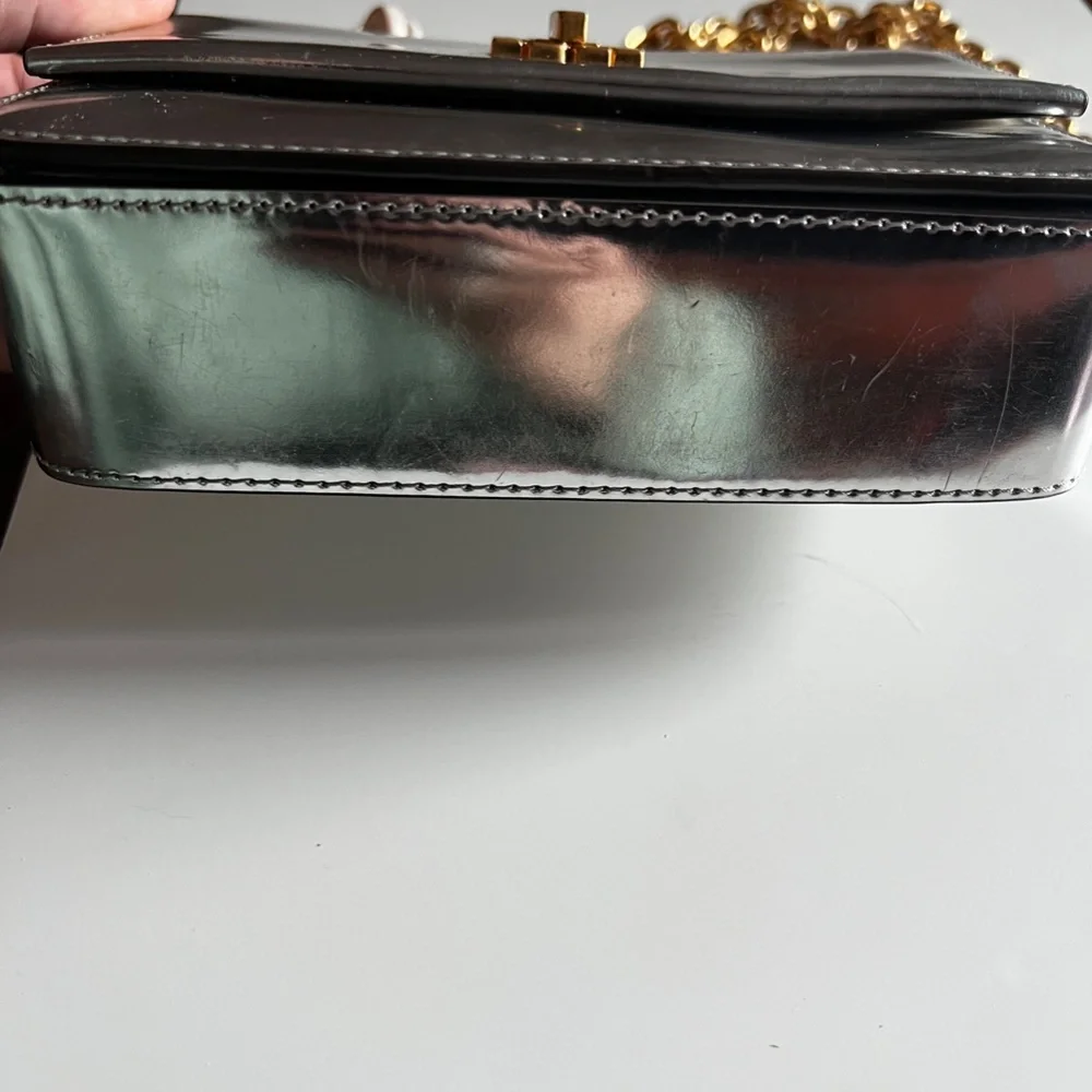 Tory Burch Metallic Silver Crossbody Shoulder Bag with Gold Logo